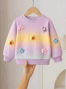Sudadera de manga larga con cuello redondo, decoración floral 3D y degradado de arcoíris para niñas - Púrpura malva - Ver 6