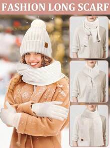 Halloween Decor Winter Beanie Hat Scarf Gloves Set, Fleece Lined Beanie Pom Long Scarf Neck Warmer Touchscreen Gloves Women Men - Beige - View 4