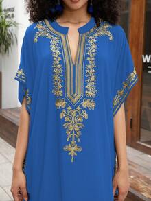 蓝色刺绣长袍，女士家居服 - 藍色 - 查看 3