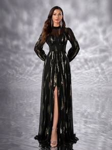 YISIKADO Women Elegant Dress Sequin Contrast Chiffon Glittery Dress High Neck High-Waisted Lantern Sleeve Birthday Party Wedding Guest Banquet Dinner Graduation Dinner Ceremony Celebration Ceremonial Dress - 彩色 - 查看 1