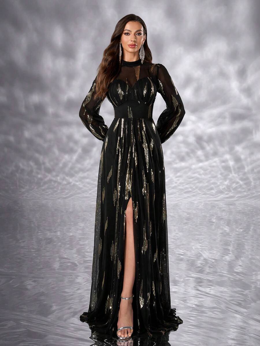 YISIKADO Women Elegant Dress Sequin Contrast Chiffon Glittery Dress High Neck High-Waisted Lantern Sleeve Birthday Party Wedding Guest Banquet Dinner Graduation Dinner Ceremony Celebration Ceremonial Dress - 彩色 - 查看 1