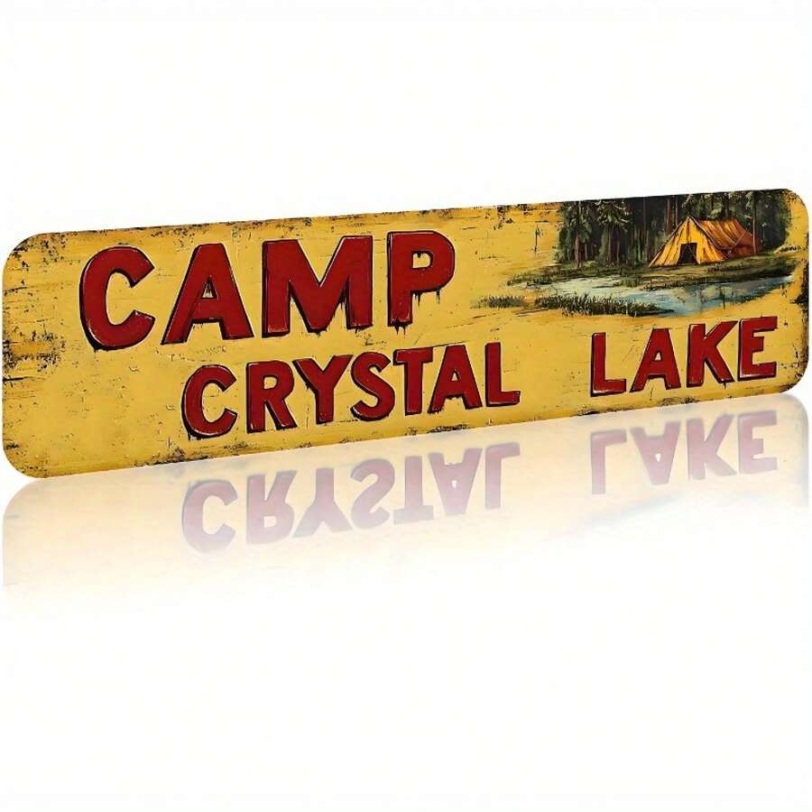 Vintage Campground Lake Aluminum Sign - 4x16inch Rustic Wall Decor, Suitable Campground, Home, Or Garage - Durable Metal Sign With Weathered Yellow Background And Red Text - Outdoor Or Indoor Use, Camping Decoration