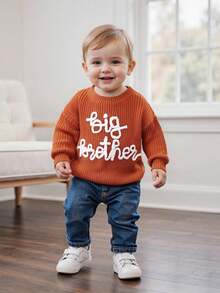 Toddler Boys Knitted Jumper Big Bro Letter Embroidery Round Neck Pullover Sweater Baby Warm Knit Tops Pullover Knitwear - 橘色 - 查看 5