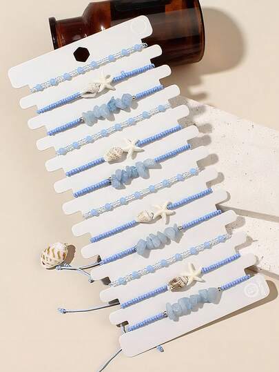 12pcs Bohemian Style Ocean Blue Beaded Shell & Light Blue Natural Stone Adjustable Bracelet Set For Women, Suitable For Vacation, Party, Layered Bracelets, Bracelet Pendants, Y2K Bracelets, Adjustable Bracelets, Beaded Bracelets, Women Friendship Bracelets, Women Gold Accessories, Gold CCB Matching Bracelets