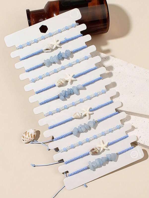 Set de 12 pulseras ajustables con cuentas de estilo bohemio, con conchas de color azul océano y piedras naturales de color azul claro, adecuadas para vacaciones, fiestas, pulseras superpuestas, colgantes de pulsera, pulseras Y2K, pulseras con cuentas, pulseras de para mujeres, accesorios dorados para mujeres, pulseras a juego de CCB dorado