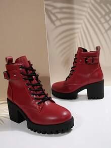 Autumn New Design Boots For Women, Plus Size Round Toe Lace-Up Red Leather Ankle Boots, Fashion Versatile Mid-Heel Chunky Heel Waterproof Platform Riding Boots - Red - View 2