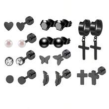 20 piezas Conjunto de aretes de acero inoxidable para mujeres y hombres con diseños de estrella, luna, flor, corazón, hoja y ópalo de 16G o 20G para cartílago, hipoalergénicos y con base plana para perforación y joyería - Pendientes - Ver 3