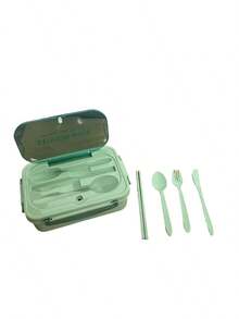1Pc Portable 3-Compartment Lunch Box With Cutlery Set-Includes Fork, Knife, Spoon, And Chopsticks ,, Leak-Proof, Ideal For Office, School, Family Picnic And Travel Compact Design For Everyday Use,Stylish Food Storage Box