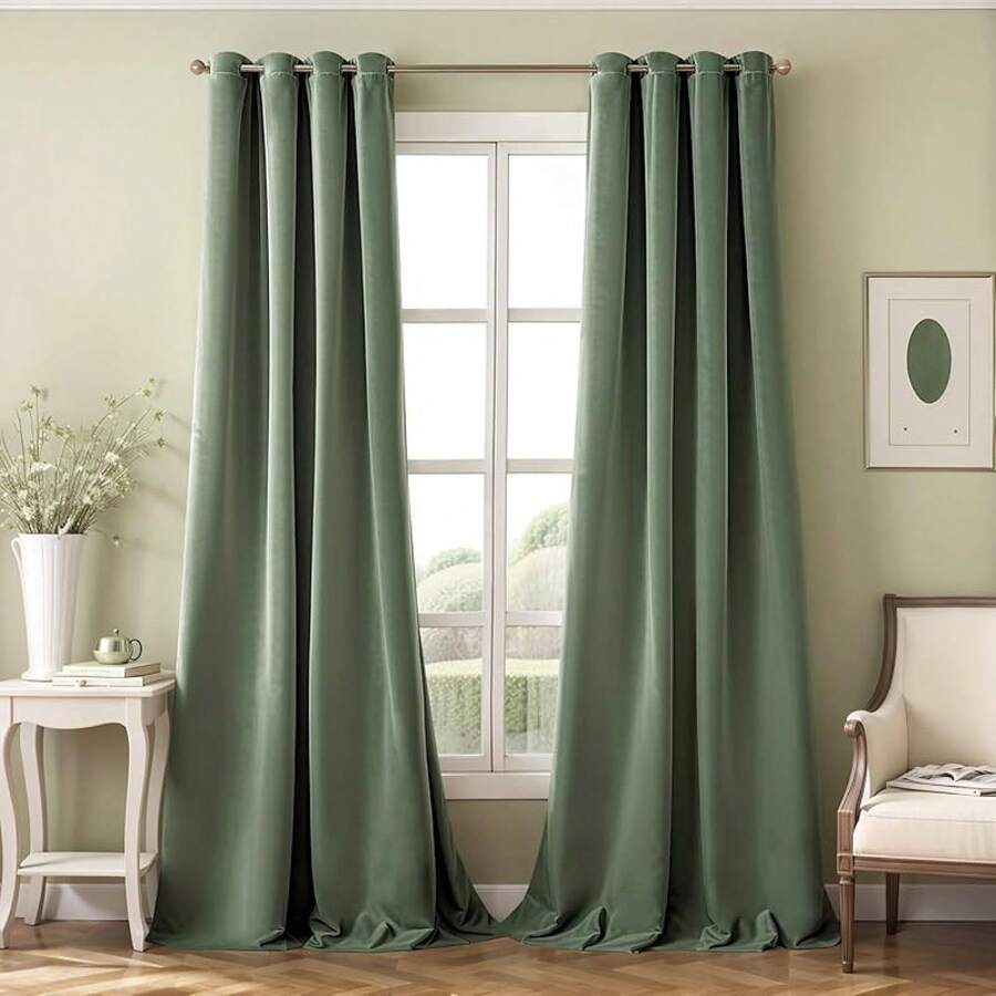 2 Panels Blackout Curtains Solid Soft Grommet Mustard Yellow Thermal Insulated Soundproof Room Darkening Curtains/Drapes/Panels Fall Living Room Bedroom 52 X 90 Inch - 鼠尾草綠 - 查看 1