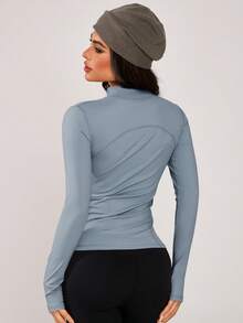 1件女士速干透气立领拉链运动上衣，运动服 - 藍色 - 查看 4