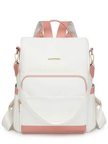 Women's Patchwork Contrast Color Casual Large Capacity Backpack, Minimalist Versatile Shoulder Bag, Student Backpack, Mommy Bag, Commuter Bag, Suitable For Travel, Student Design, Elegant Elegant, With Pom-Pom Pendant - Pink - View 3