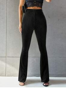 休闲罗纹设计喇叭裤，秋季新品，裤子，喇叭裤 - 黑色 - 查看 5