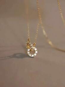 S925 纯银镀金双环项链，镶嵌 CZ 宝石，轻巧简约链条，适合学院风和旅行照片，适合送给少女的礼物