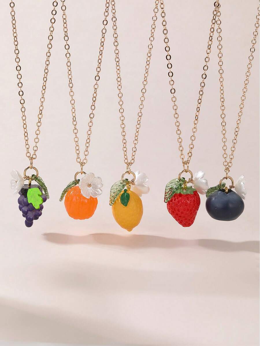 1/5 Stücke modische minimalistische Frucht-Anhänger-Halskette mit Erdbeere, Zitrone, Traube, Orange, Blaubeere, vielseitiges Tages-Accessoire für Frauen