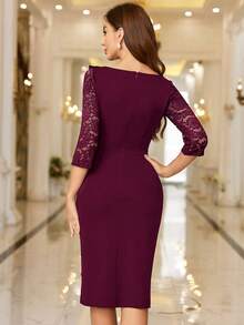 MIUSOL Đầm ôm body dự tiệc cocktail cổ tim ren hoa tương phản cổ điển, tay áo 3/4, viền bèo nhún, đầm bút chì, đầm công sở, đầm mặc đi làm - Màu Đỏ Sâu - Xem 2