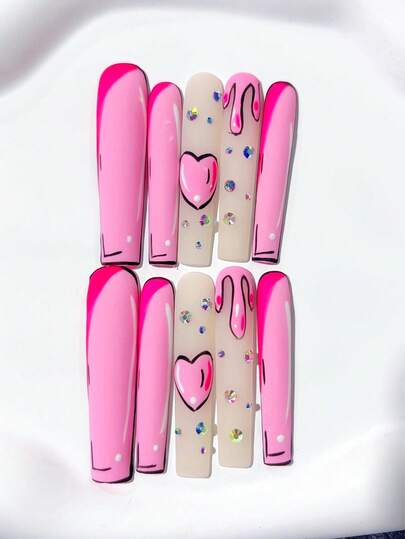 10pcs Valentine's Nail Y2K Extra Long Coffin Shape Cure Hot Pink Matte Handmade Press On Nails, Hand-Painted Pattern, Comic Style, Pink Love Heart, Colored Diamonds; Nail Supplies, Homemade Nails, DIY Press On Nails, Nail Art, Acrylic False Nails; Suitable For Party, Daily Wear, Wedding; Great Gift For Women & Girls; Includes 1Sheet Jelly Glue & 1pc Mini File