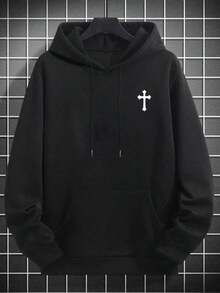 Sudadera con capucha casual y sencilla para hombres con estampado de cruz y cordón, perfecta para volver a la escuela y usar en otoño/invierno, el mejor regalo para tu novio. - Negro - Ver 3