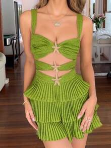 Women Sequins Sleevelss Cutout Star Decor Mini Dress For Party Vacation - màu xanh lá - Xem 1