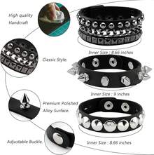 Eigso 3 Pcs Leather Punk Bracelets Men Women Of Rock Rivet Wrap Retro Spike Bracelet Adjustable - 黑色 - 5 - 查看 6