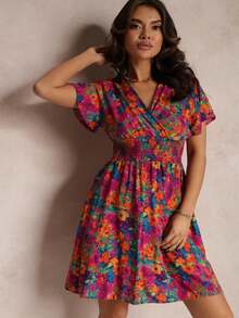 Minivestido con cintura elástica ancha y cuello cruzado - Azul Marino - Ver 4