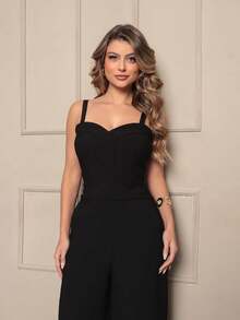 Women's Wide Leg Jumpsuit With Adjustable Straps, Fitted, And Elastic Waist. Casual Chic Style. - 黑色 - 查看 1