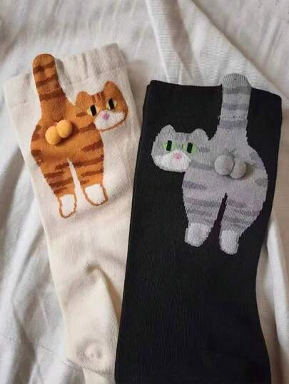 2 pares de calcetines casuales hasta el tobillo con diseño aleatorio de gato y campana, divertidos y lindos para el verano y el otoño
