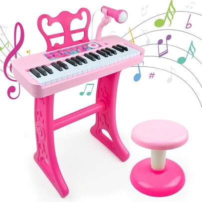 37-Key Kids Keyboard Piano With Microphone & Stool - Pink Electronic Musical Instrument, Music Stand Included - Christmas/Birthday Gift For 3-8 Year Old Boys & Girls