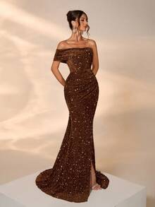 Elisanya Autumn/Winter Velvet Sequin Luxury Elegant Lady Banquet Gown, Removable Long Sleeve Trailing Dress, High Waist Party Dress Occasions - Coffee Brown - View 5