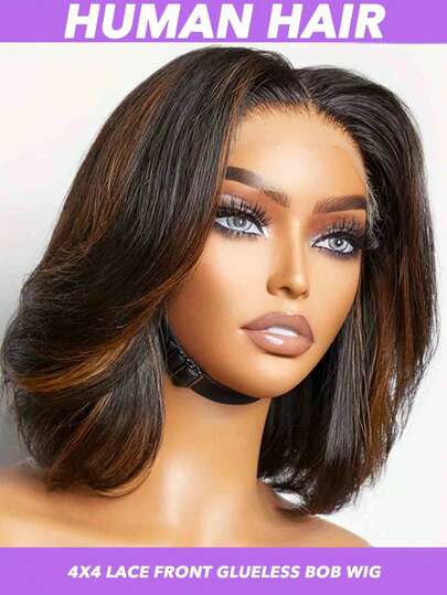 Ombre Highlight Bob Wig Human Hair 1B/30 14 Inch Body Wave Bob Wig Loose Wavy 4x4 Highlight HD Lace Frontal Bob Wig Human Hair Pre Plucked Ombre Short Bob Wigs For Women