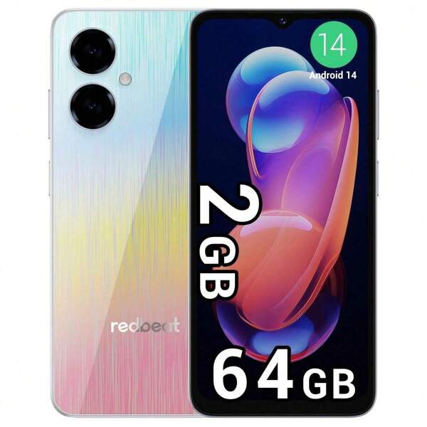 redbeat Redbeat D5 Smartphone, The Latest Android 14 System, 6.52-Inch HD+ High-Definition Screen, Thin And Light Body, 2GB RAM(Expandable To 4GB)+64GB ROM Memory, 13 Million Pixel Camera, 5000mAh Battery, 8-Core 1.6GHz Processor, The Body Uses A Special Gradient Color Process, Fingerprint Face Unlocking, Type-C Interface(Plug Not Included)