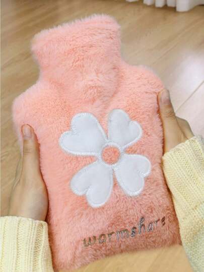 1pc Pink Flower Embroidered Plush Hot Water Bag, Suitable For Warming Belly/Hands/Uterus (Due To Different Batches, The Lines And Colors And The Shape Of The Plug Of The Inner Liner May Vary. We Apologize For Any Inconvenience Caused.) ﻿