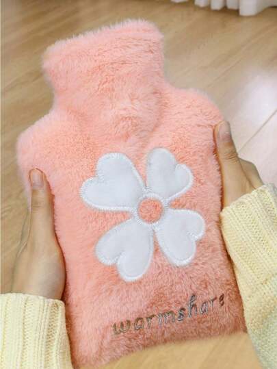 1pc Pink Floral Embroidered Plush Hot Water Bottle, Suitable For Warming Abdomen/Hands/Uterus (Please Note That Due To Different Batches, The Lines, Colors, And The Shape Of The Inner Plug May Vary Slightly. We Apologize For Any Inconvenience Caused.)