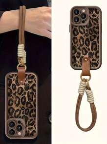 1pc Leopard Print Shock-Absorbing Lanyard Phone Case, TPU Material Anti-Fall Lightweight Protective Cover, Compatible With Iphone 16/11/13/15/15 Plus/15 Pro/15 Pro Max/12/14 Pro Max/XS/XR/11 Pro Max/12 Pro/12 Pro Max/13 Pro/13 Pro Max/14 Pro/14 Plus/7/8 Plus Waterproof Scratch Resistant - Brown - View 3