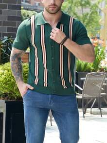 Men's Short Sleeve Knitted Button Down Polo Collar Striped Sweater Casual Fashion Spring Summer Daily Wear Outdoor Streetwear Club Party Wear Men Knit Shirt Classic Fit Stylish Men's Top Crewneck Knitwear Lightweight Men's Clothing Versatile Men's Apparel Regular Fit Men's Sweater Short Sleeve Knit Cardigan For Men Men's Fashion Item - Dark Green - View 5