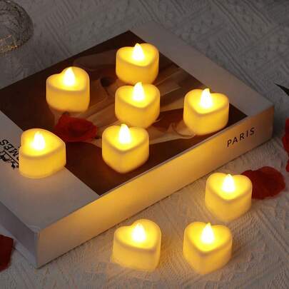 24个心形LED蜡烛，无焰浪漫爱情LED茶蜡，适合浪漫之夜、情人节、周年纪念日、婚礼餐桌派对装饰，暖光心形LED茶蜡，爱情LED蜡烛，适合情人节、婚礼餐桌。