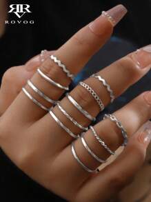 12 件简约链条扭纹开口戒指套装，适合日常佩戴