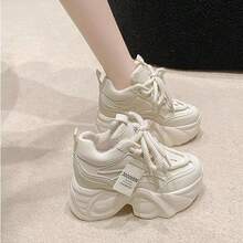 [Moxia] Platform Sneakers, Dad Sneakers, Women's Platform Shoes, Sneakers With In-Heels, Lace-Up, Stylish, Popular, Beautiful Legs, Easy To Walk In, 6.5cm Height Increase - 白色 - 查看 7