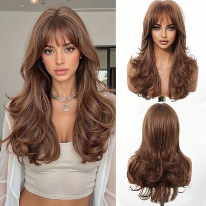 22英寸中长卷发长波浪棕色假发，天然耐热合成假发，适合女性日常佩戴、聚会和通勤。