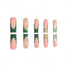 Rectangular Press-On Nails, Green Press-On Nails French Tip False Nails, Gold 3D Butterfly Pattern, Rectangular Press-On Nails, Shiny Artificial Nails, Cute Women's Nail Stickers - 0345 - Kiểu dáng dài-C5C29 - Xem 2