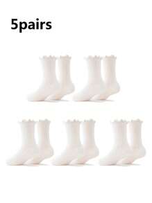 5 Pairs White Lace Breathable Cartoon Sweet Skin-Friendly Comfortable Soft Mid-Calf Socks For Home, School, Outdoor Sports