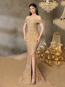 Alisa&Leo 惊艳青春亮片晚礼服，露肩领口，高开叉，美人鱼拖尾 - 优雅正装，适合红毯活动、慈善舞会、晚宴、舞会和歌剧晚会 - 香檳色 - 查看 6