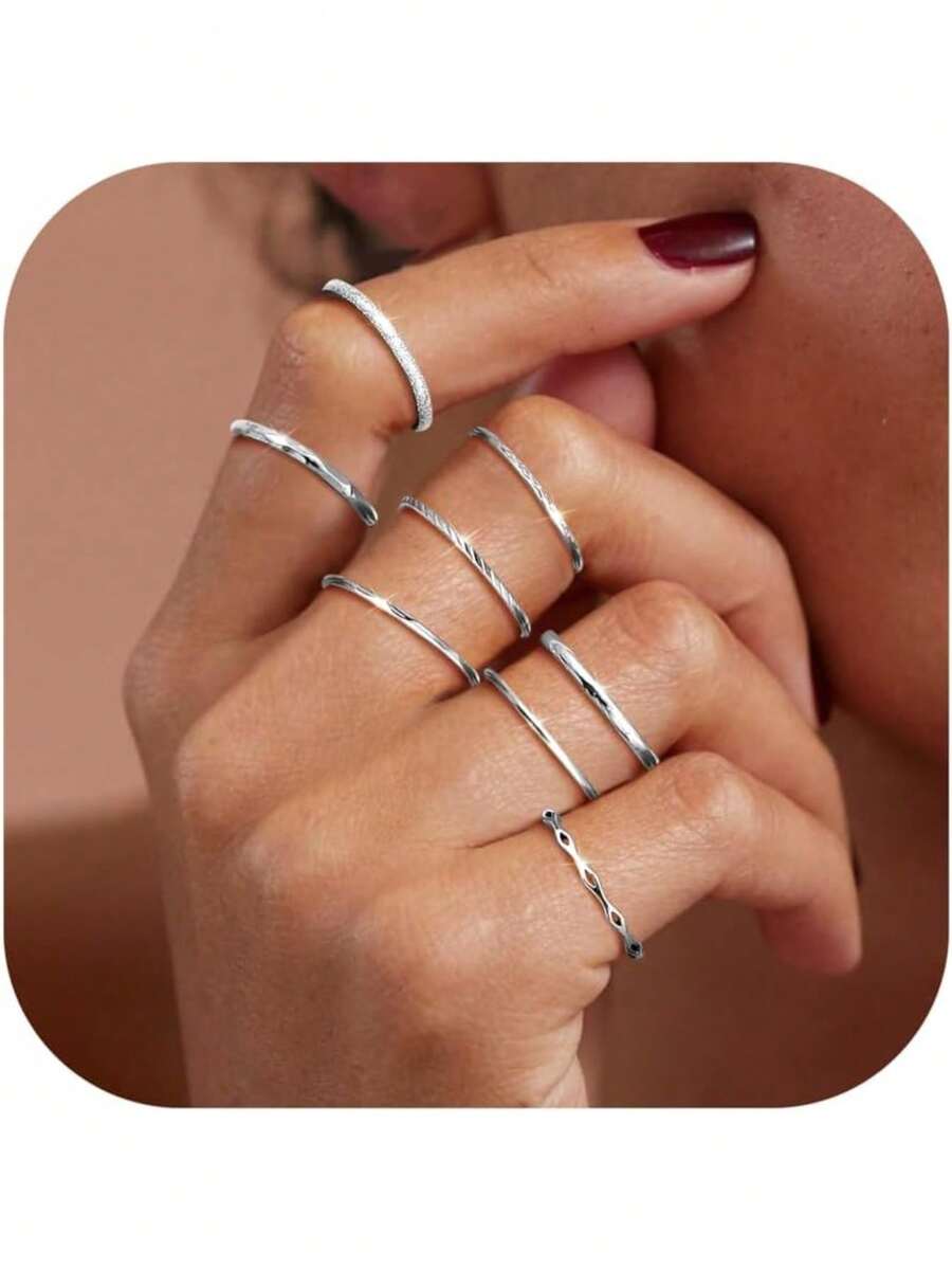 Milacolato 8Pcs 1MM 2MM Stainless Steel Rings For Women Men Minimalist Fashion Dainty Plain Thin Knuckle Stacking Midi Thumb Rings Stackable Statement Band Rings Set Silver Gold Tone Size 4-12 - 彩色 - 查看 1