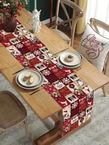 1pc Festive Christmas Table Runner, Multi-Grid Christmas Elements Table Flag, Santa Snowman Elk Xmas Tree Pattern, Polyester Fabric, Seasonal Winter Xmas Kitchen Dining Table Decoration For Home Party Decor, Christmas Decorations 2025