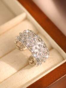 1枚梦幻花朵锆石订婚戒指，镀银宽戒圈，适合女性日常佩戴，可打开，珠宝礼品 - 銀色 - 查看 6