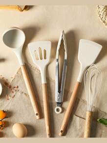 1pc/3pcs Kitchen Utensils, Non-Stick Silicone Cooking Utensils, Silicone Spatulas And Spoons With Wooden Handles, Heat-Resistant Silicone Spatulas, Household Soup Spoons, Cooking Spatulas, Front Egg Spatulas, Frying Spoons - Multicolor - View 11