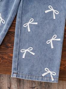 Toddler Bow Decor Warm Crew Neck Sweatshirt And Denim Pants Set - White - View 7