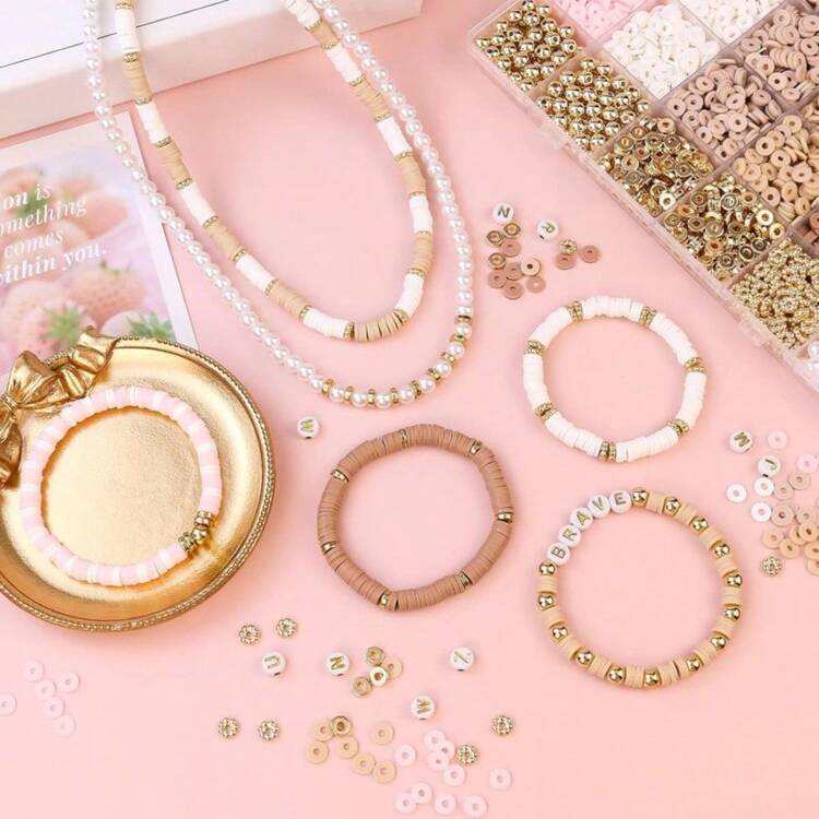 1 盒粘土串珠手链套装，2370 件扁平聚合物粘土 Heishi 串珠手链制作套装，适合女孩成人，DIY 友谊手链套装，含金珠、字母珠、珍珠珠，用于手链 - 彩色 - 查看 7