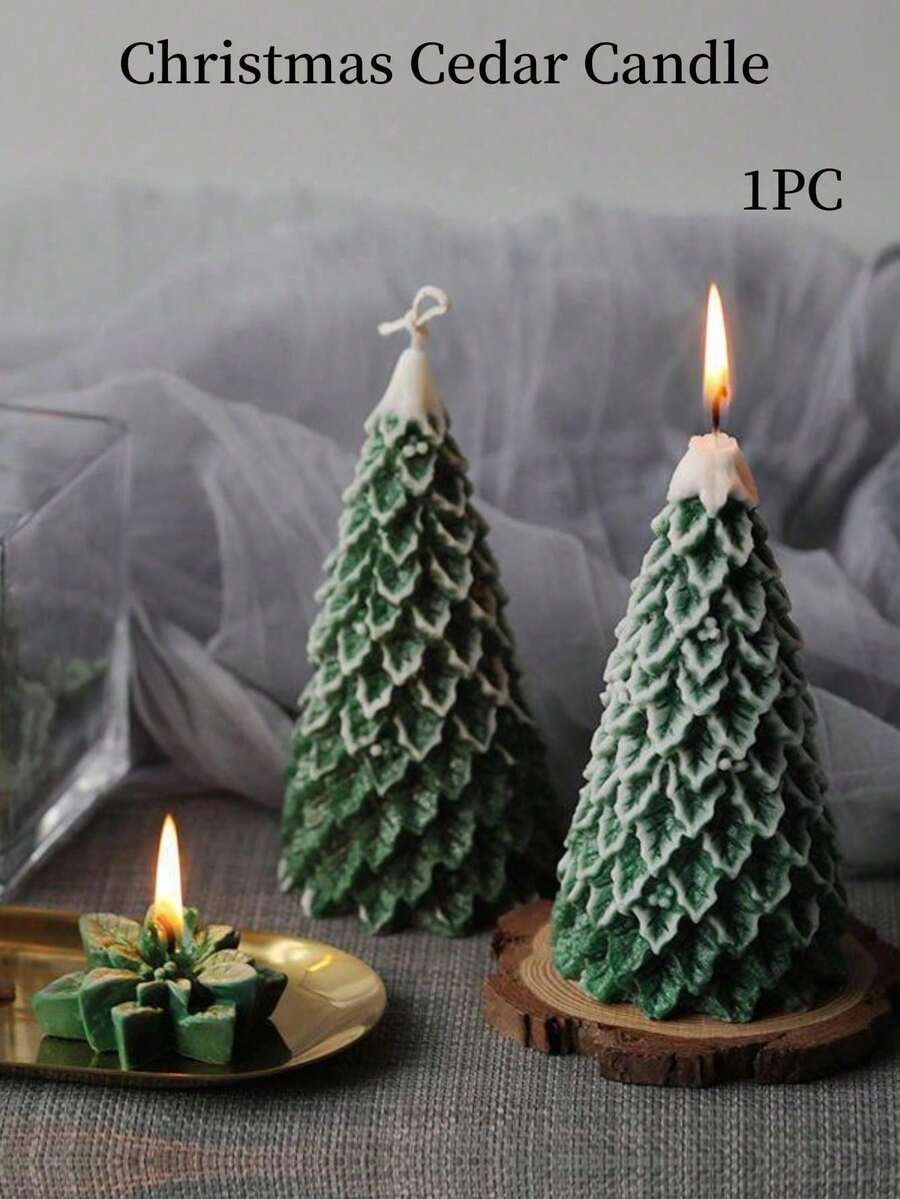 1pc Christmas Tree Scented Soy Wax Candle, Christmas Pine Scented Candle, Atmosphere Decor For Events, Holidays, Gifts Home Decor Christmas Decorations Room Decor, Christmas Gifts - Green - View 1