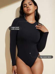 1件装女士无缝黑色圆领长袖连体衣，性感塑身连体衣，收腹、束腰、塑形 - 黑色 - 查看 9