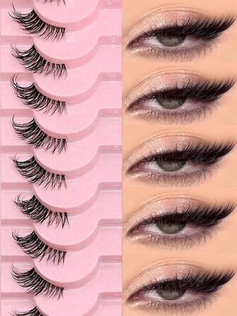 10对半剪睫毛；透明茎假睫毛；猫眼假睫毛；短而柔软的3D貂皮眼妆；柔和自然的妆容